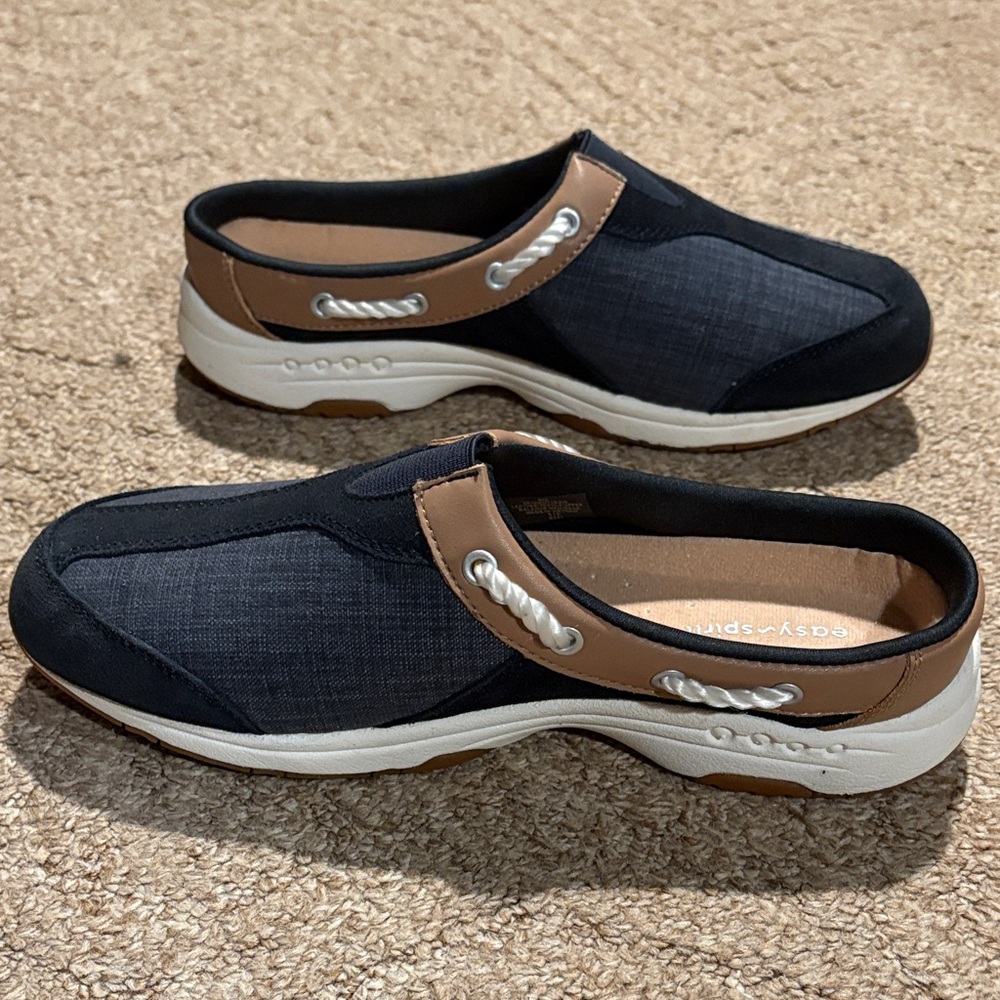 Easy Street Navy Blue Faux Suede/Jean and Tan Women's Loafers - Picture 4 of 7